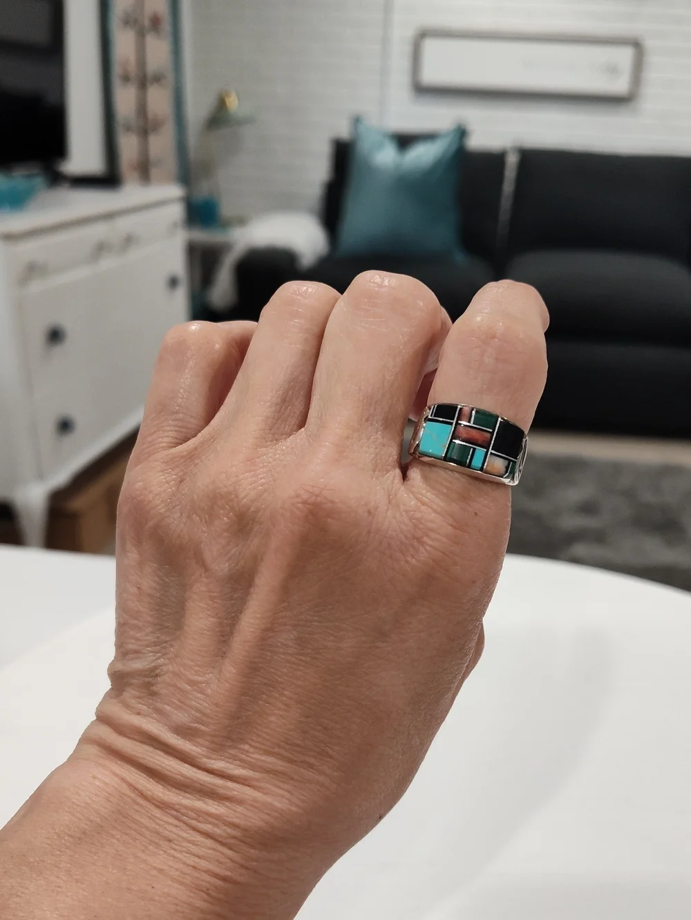 Inlay Grid Sterling Silver Ring Turquoise, Black Onyx & Coral